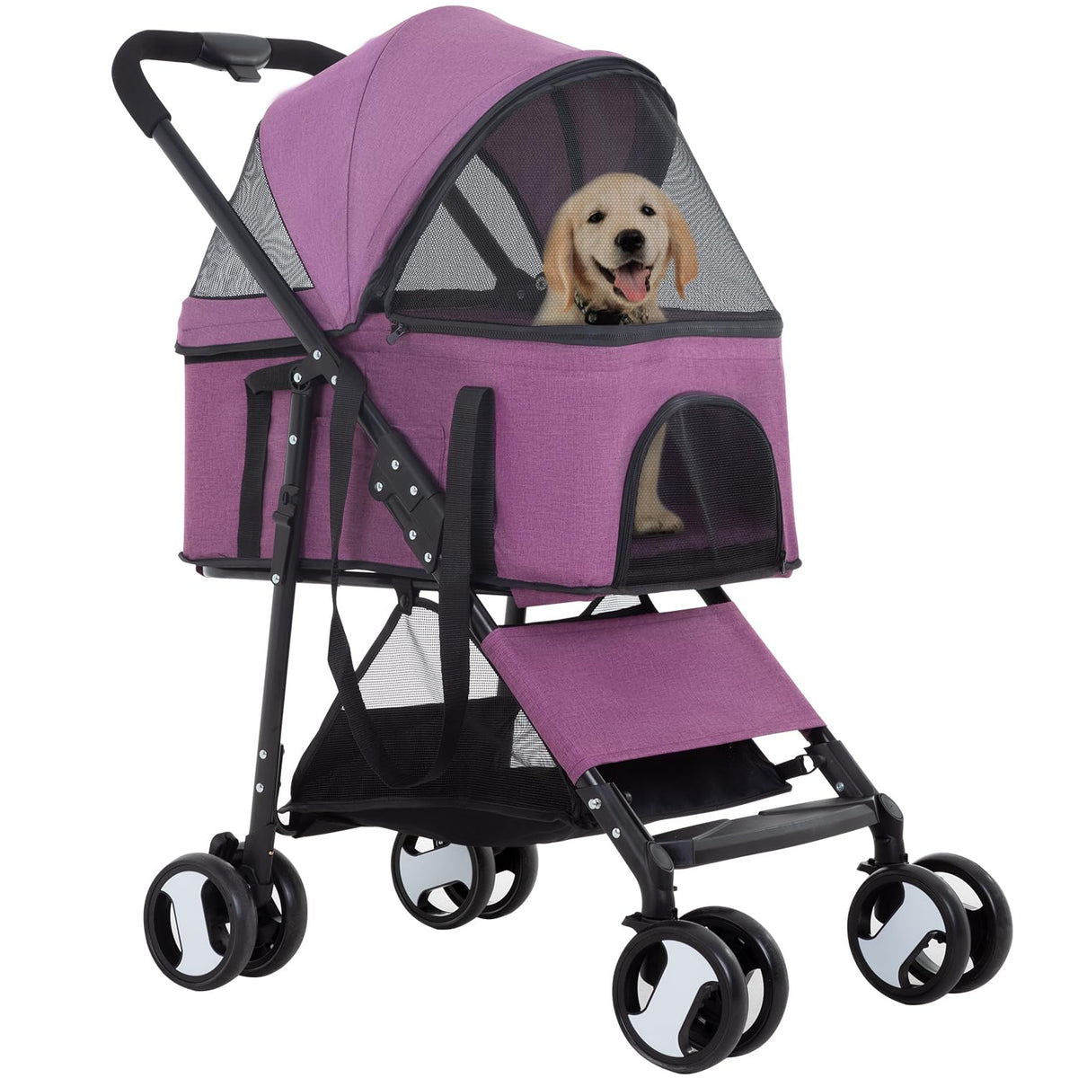 3 in 1 Multi Function Dog Stroller Jogger with Detachable Carrier (Purple / 4 Wheels)