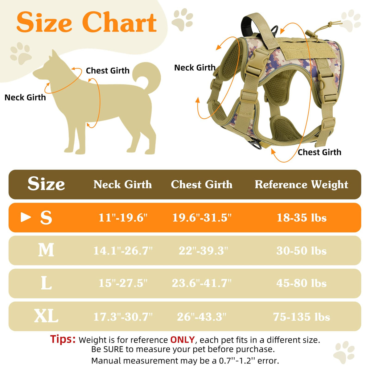 Heavy Duty Tactical Dog Harness for Small Dogs (Desert Camouflage / S (Chest: 19.6-31.5", Neck: 11-19.6"))