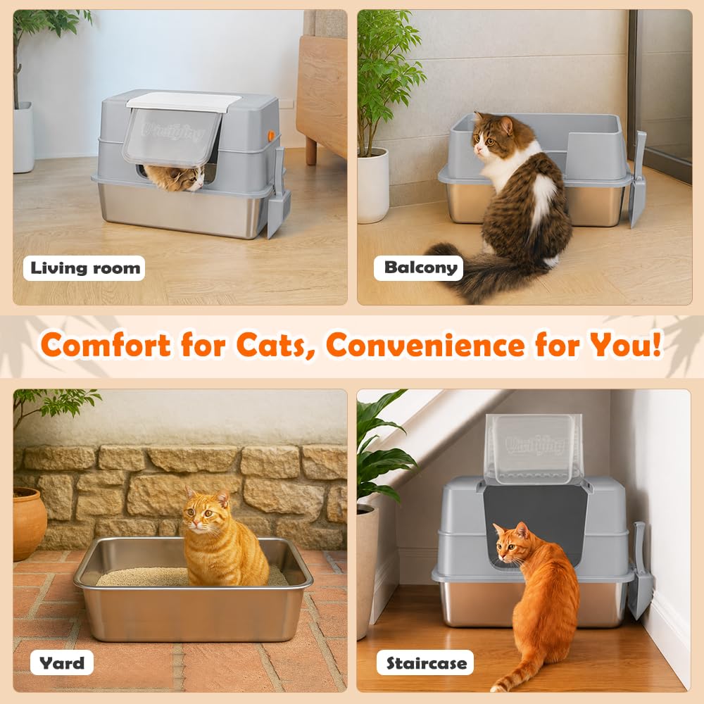 XL Enclosed Stainless Steel Cat Litter Box with Lid (Gray)
