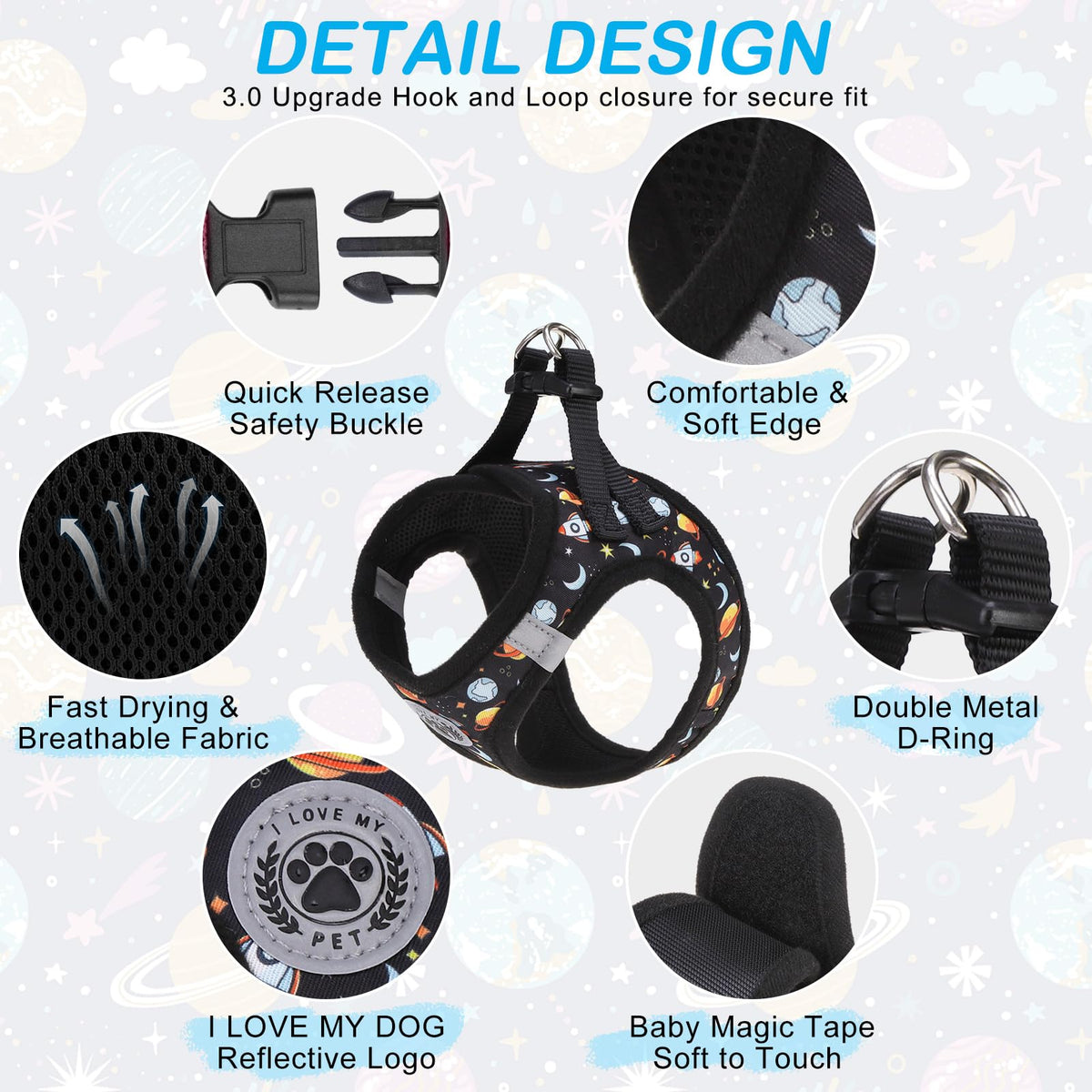 Small Dog Harness and Leash Set (Small(Chest Girth 14.5" - 16") / Black Planet)