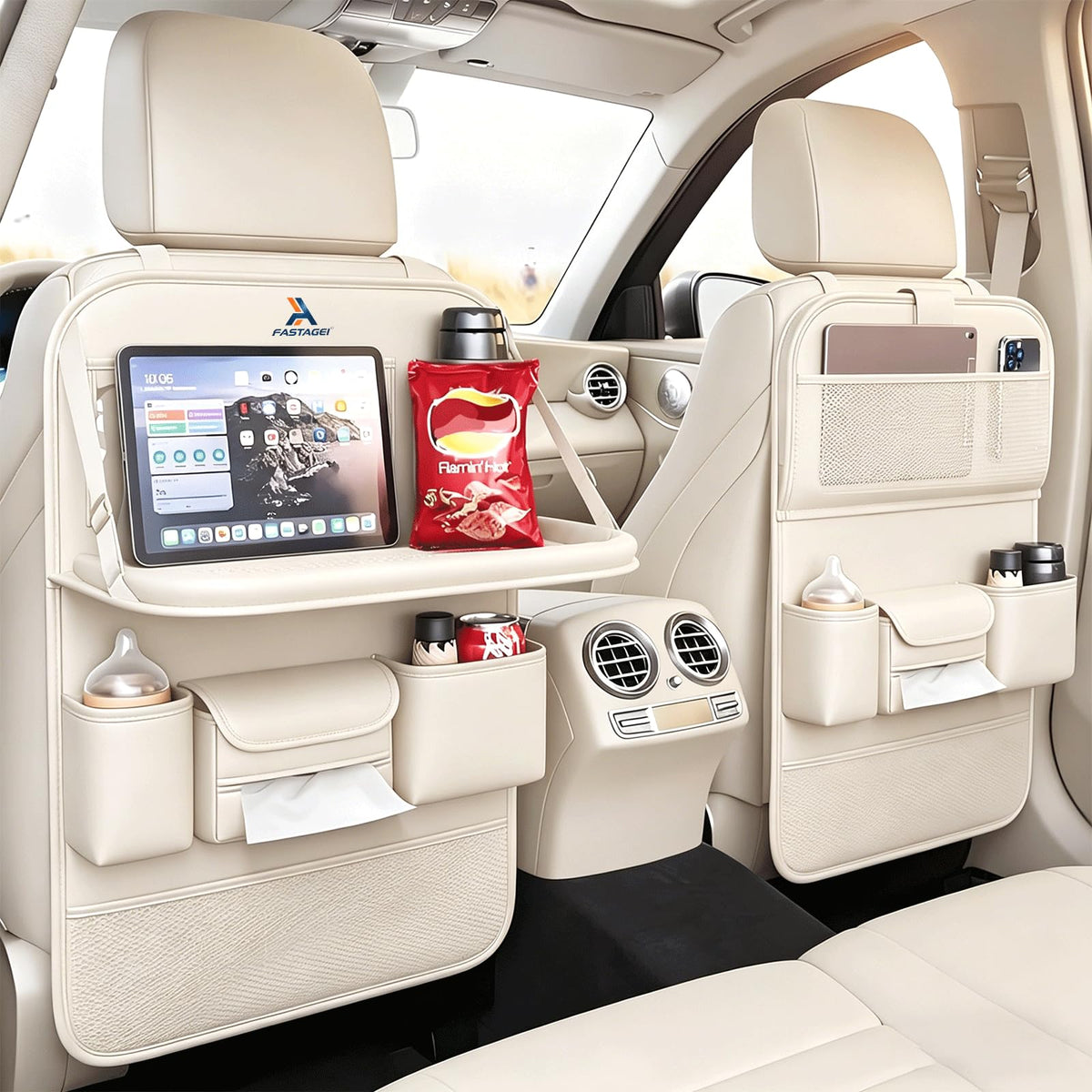 2 Pack Universal Foldable Car Backseat Organizer with Table Tray (2 Pack / Beige)
