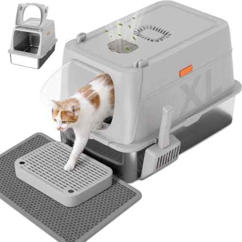 XL Stainless Steel Cat Litter Box with Lid (Light Gray / 24" L × 16" W × 16" H)