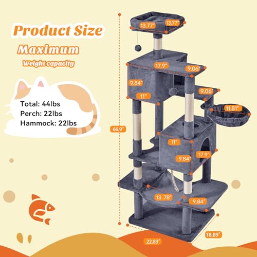 Large 66 Inch Cat Tree Tower with Sisal Scratching Post (Dark Grey / 66 Inches)