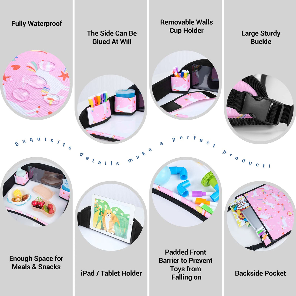 Kids Travel Tray for Car Seat & Airplane (Pink Unicorn -2PCS)