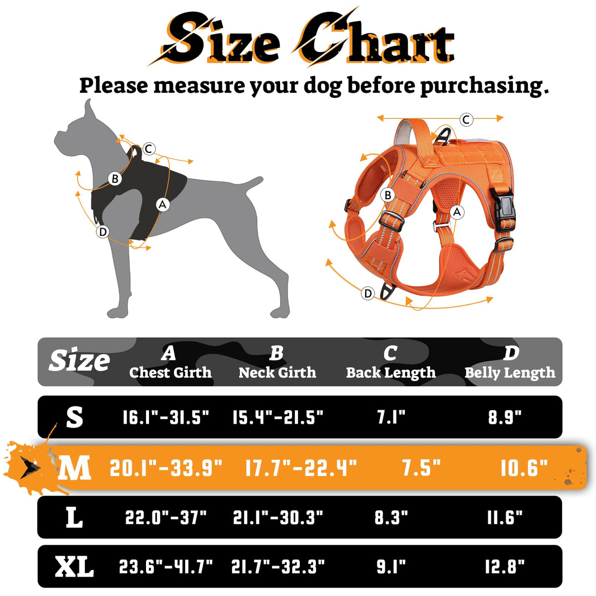 Tactical Dog Harness Medium Sized (M(chest:20.1"-33.9",neck:17.7"-22.3",back:7.5") / Orange)