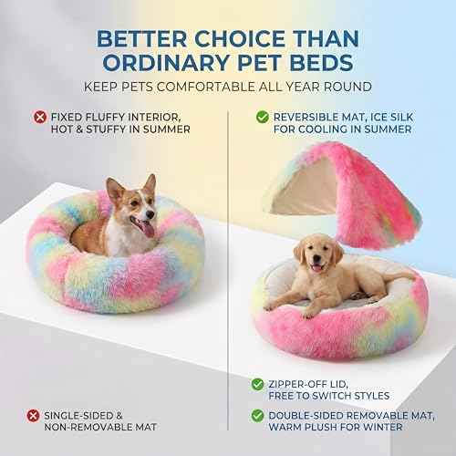 2-in-1 Convertible Cat & Dog Bed Cave with Removable Zipper Hood, Converts to Calming Donut Bed, Reversible Plush & Cooling Ice Silk Cushion (Rainbow Color, 19.7 in Small Size) (Rainbow Color / 19.7 in Small Size)