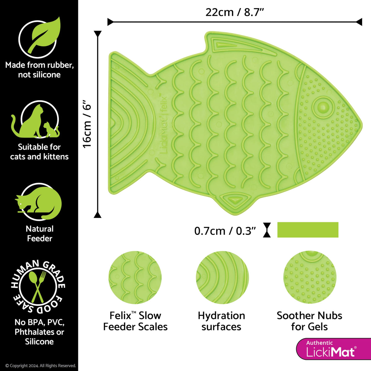 Felix, Fish-Shaped Cat Slow Feeders Lick Mat, Boredom Anxiety Reducer; Perfect for Food, Treats, Yogurt, or Peanut Butter. Fun Alternative to a Slow Feed Cat Bowl or Dish, Green (Green)