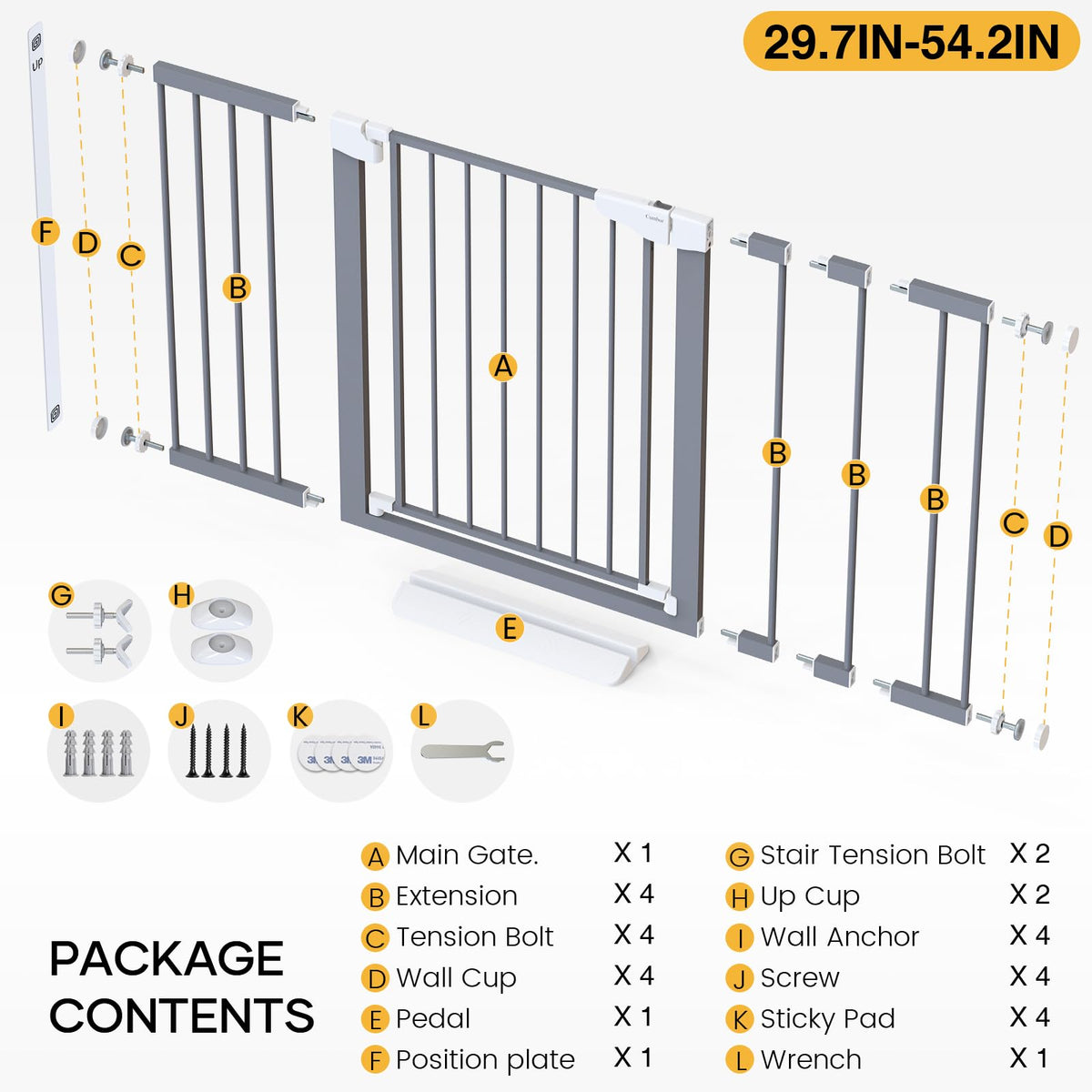 29.7 54.2" Wide Baby Gate (Gray / 29.7"-54.2" W x 30.5" H)