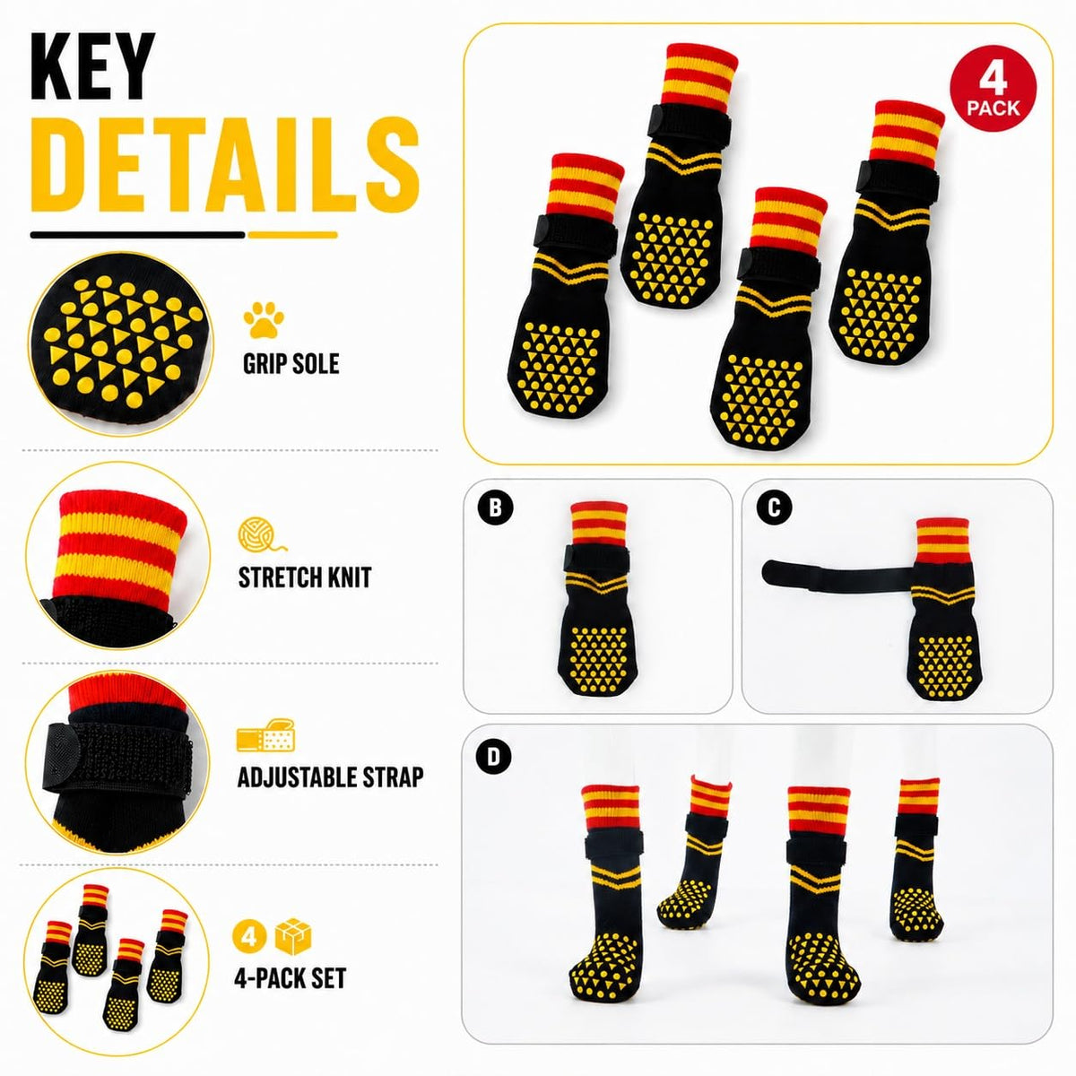2 Pairs Anti Slip Dog Socks with Grips (S(paw width: 1.89"） / Black)