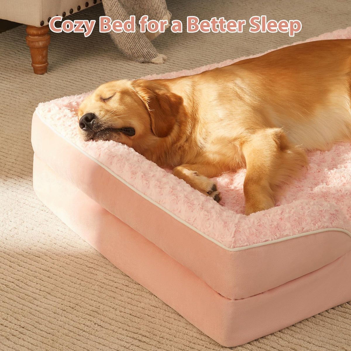 Orthopedic Washable XXL Dog Bed for Senior Dog Cozy Sleep (48.0"l X 36.0"w X 7.0"th / Light Pink)