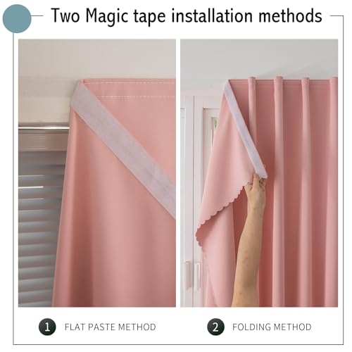 Magic Tape Stick on Curtains Blackout Curtains for Bedroom no Drillng Self Adhesive Curtain no Rod Small Window (Pink / 35"W x 40"L (Pack of 2))