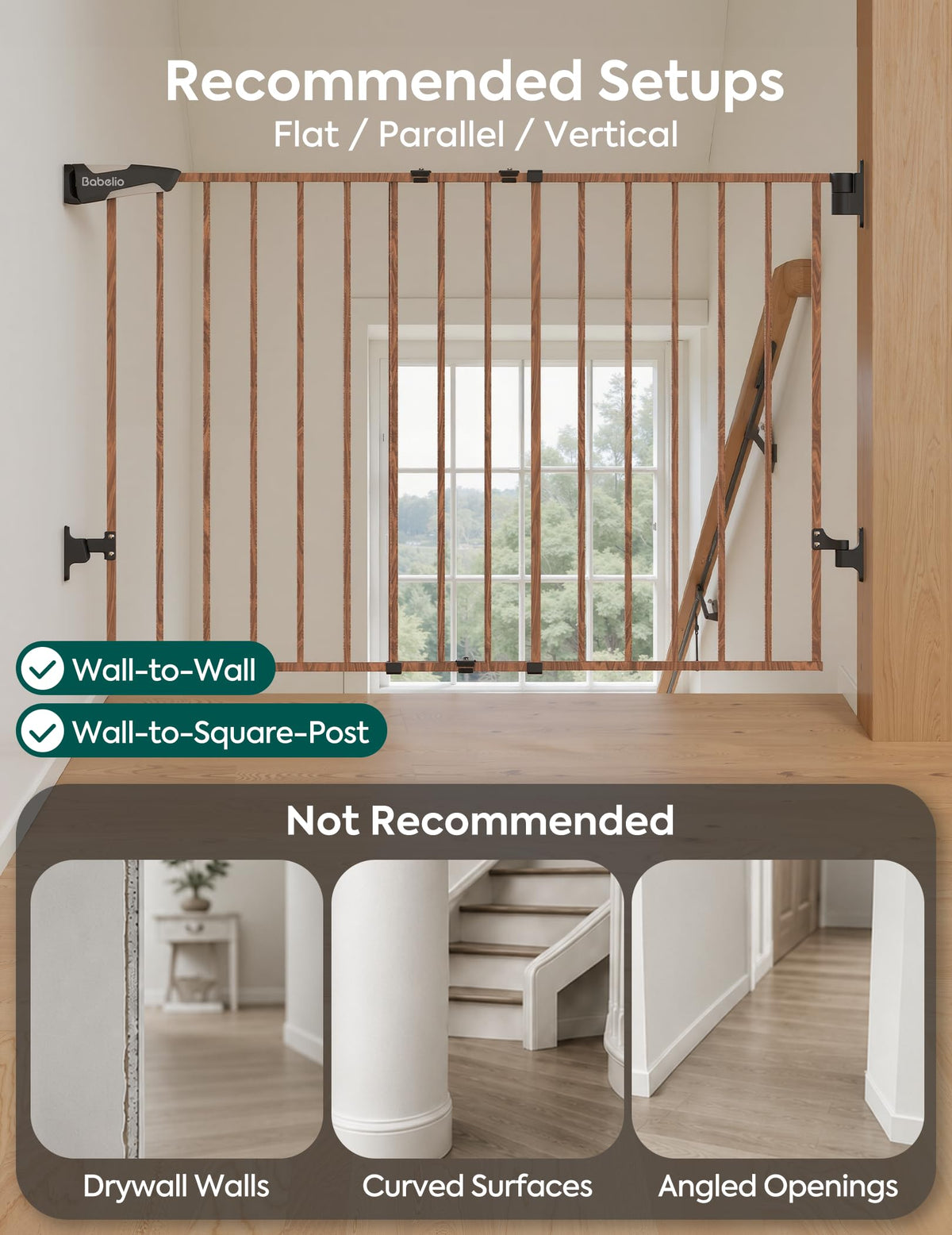 No Bottom Bar Baby Gate (Brown Wood Pattern - B17 / 28" H, 26-43" W-Standard)