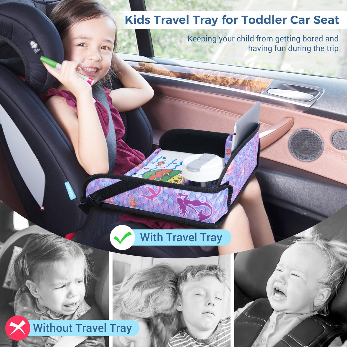 Kids Travel Tray for Toddler Car Seat (Mermaid)