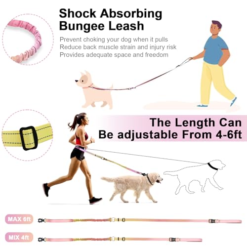 Heavy Duty Hands Free Dog Leash with Quick Release Carabiner and Adjustable No Pull Bungee Dog Running Waist Leash (Pinkish Yellow)