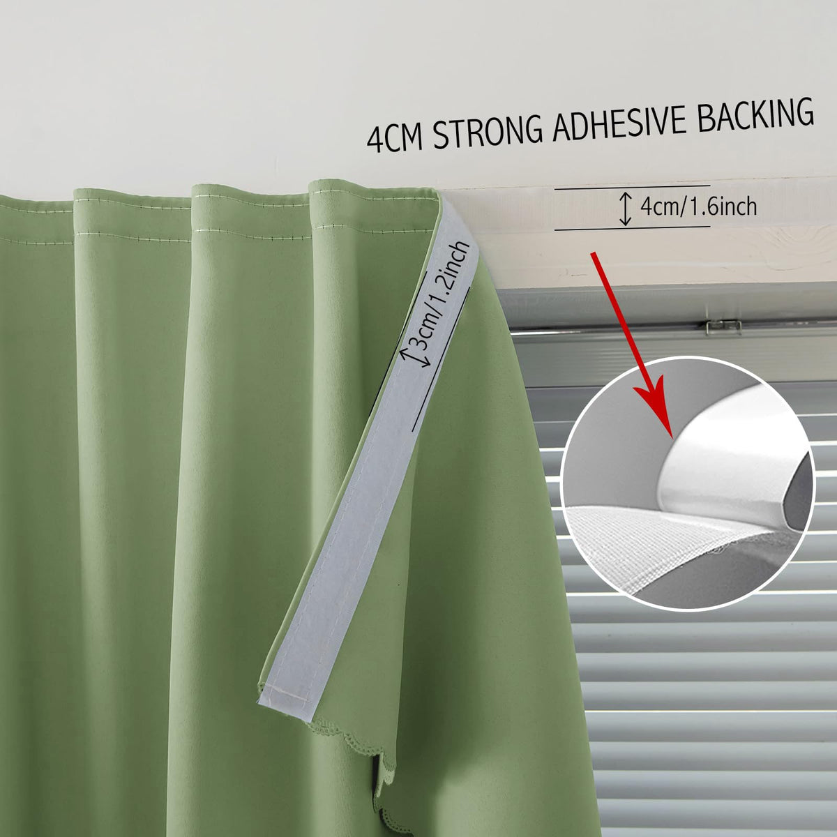 Magic Tape Blackout Curtains for Bedroom No Drillng Self Adhesive Curtains No Rod Small Window (59"W x 71"L (Pack of 1) / Sage Green)