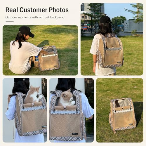 Cat Backpack Carrier for Small Dogs and Medium cat Puppy Kitten Bunny Pet Carrier Backpack Collapsible with Fully Ventilated Mesh with Safety Leash (Khaki / 12.9"L x 10.62"W x 15.5"H)