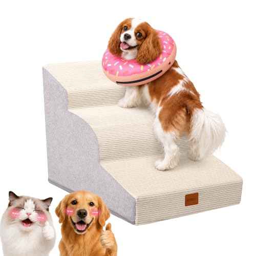 3 Step Curved Dog Stairs 15.7" H for Small Dogs Low Couch & Sofa (Cream Beige / 15.7x22.4x15.7in)