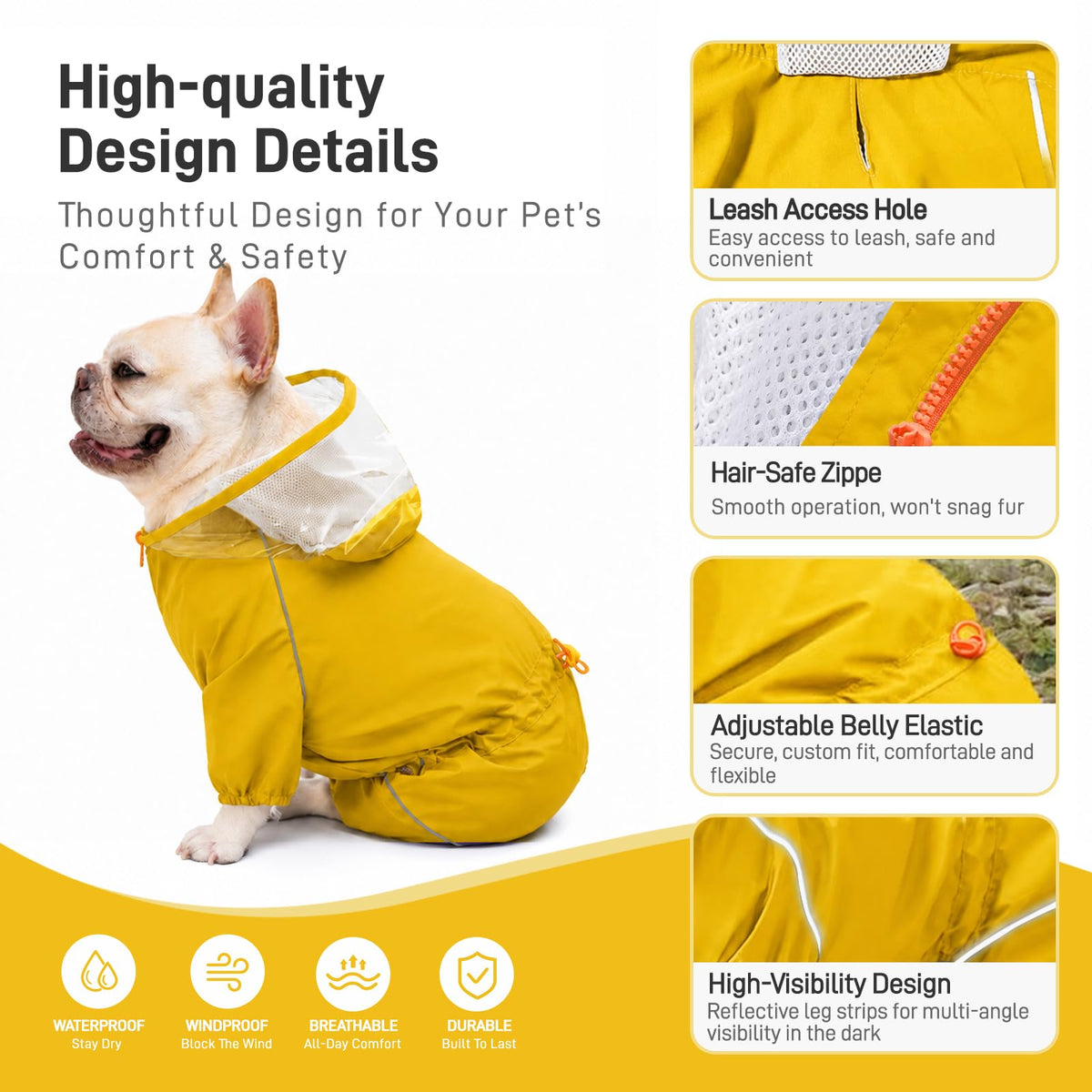 Dog Raincoat Rain Jacket with Clear Hood and Broad Chest Fit (Yellow / Medium)