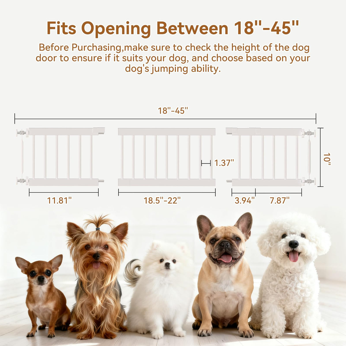 Dog Gate - 18"-45" Adjustable Extra Wide Metal Baby Gate to Step Over, 10" Tall Small Pet Gate with 3 Extension Kits, Pressure Mounted for Doorways & Stairs (18-45''W*10''H / White)