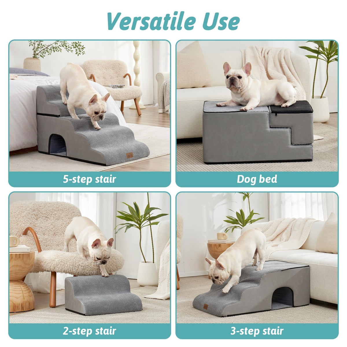 Extra Wide Small Dog Stairs with Tunnel (Grey / Detachable 19.7" x 33" x 22.4")