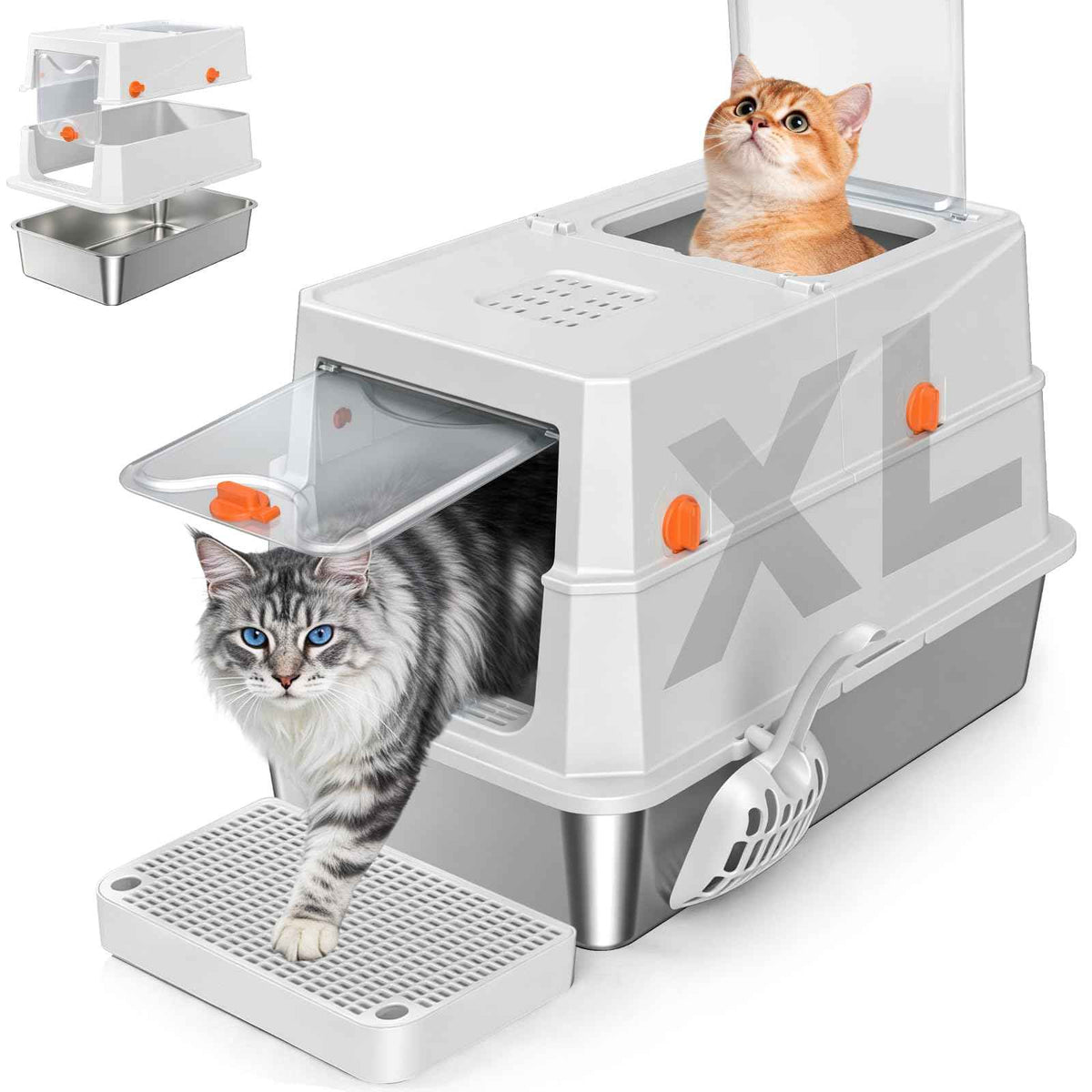 XL Enclosed Stainless Steel Litter Box (Grey-Covered XL.)