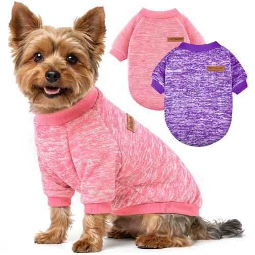 2 Pack Dog Sweaters for Small Dogs Girl Boy Winter Fleece Clothes Warm Soft Dog Sweatshirt Outfit for Dogs Cats Pet Apparel (Pink+Purple / XL (Back: 17.7", Chest: 22.8", 18-22 lbs))
