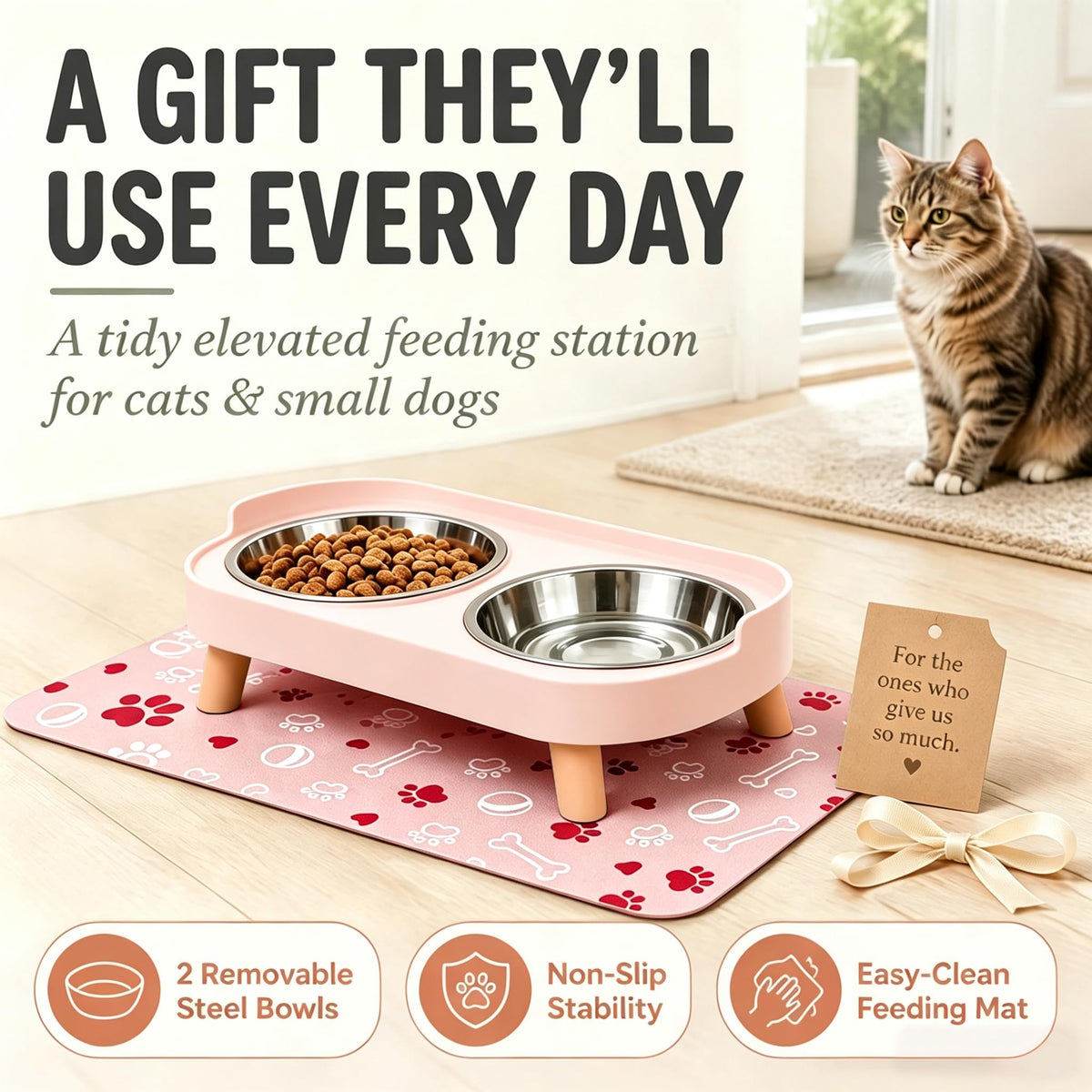 Elevated Dog Bowls with Mat (Pink)