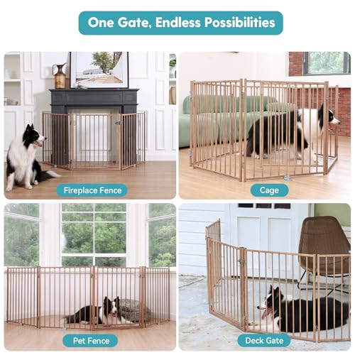 Freestanding Dog Gate with Door for Indoor & Outdoor (Brown / 【4 Panels with Door】104"W×30"H)