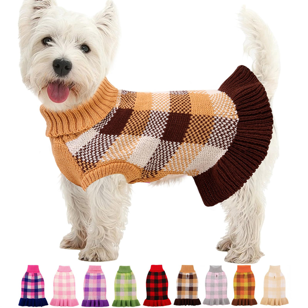 Dog Sweater Dress Plaid Knitwear for Large Dogs Girl Christmas Clothes (Coffee / X-Large)