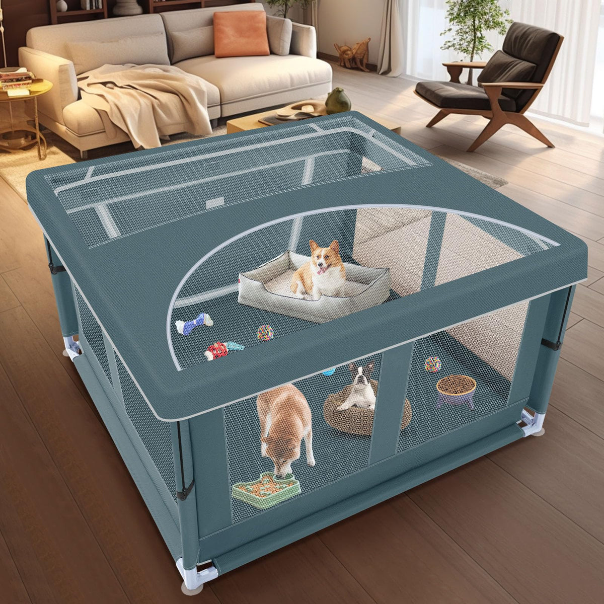 42x42 Inch Puppy Playpen with Cover (Bluish Green / 42x42 IN With Cover)
