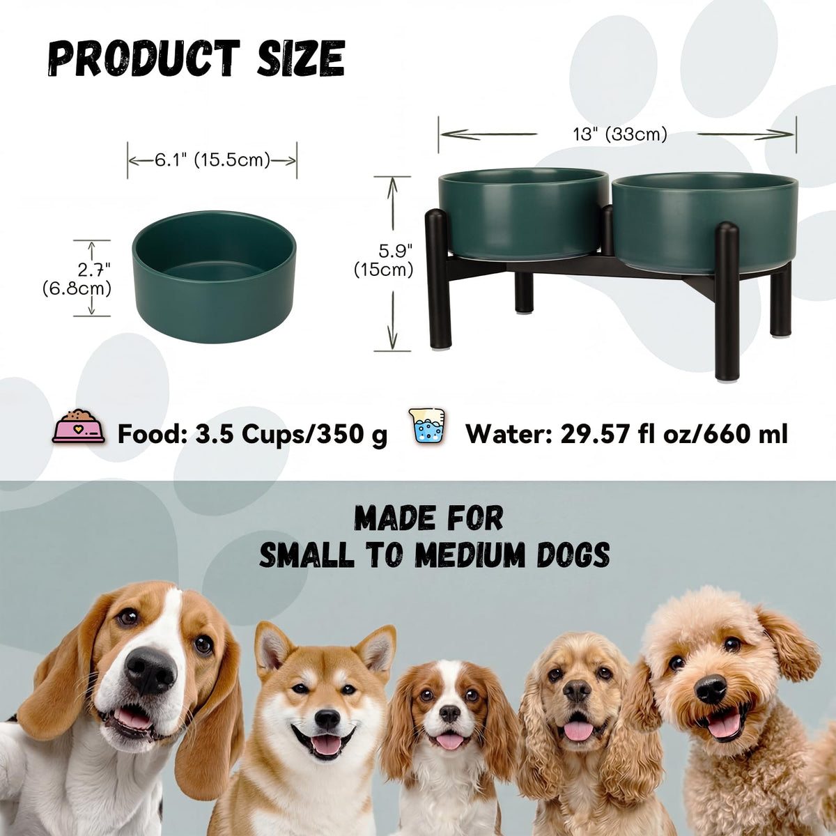 Raised Ceramic Dog Bowl Set with Stand (Green / 2 Bowls - 3.5 Cups Each)
