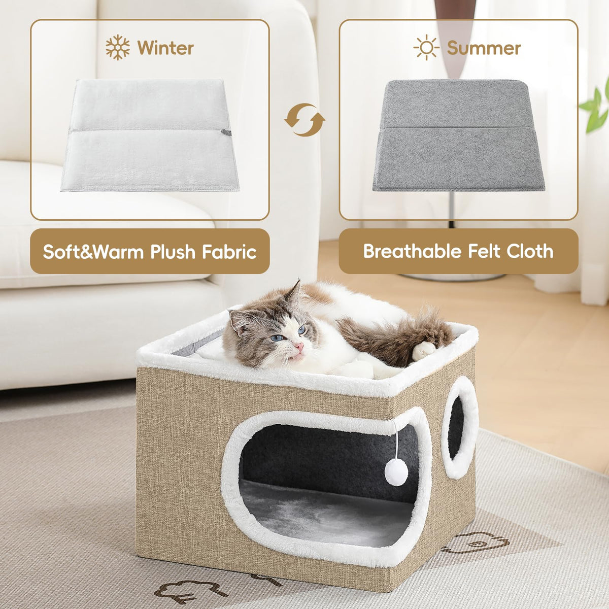 Cat Houses for Indoor Cats (Khaki‌ / 16"D x 16"W x 13"H)