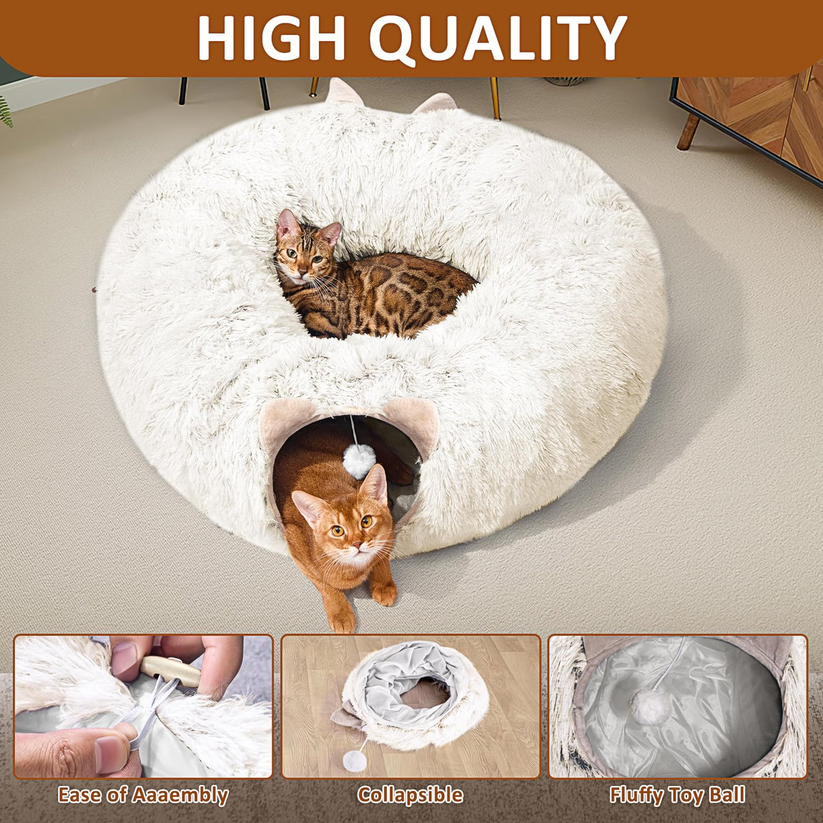 Cat Tunnel with Cat Bed for Indoor Cats (Cream white)