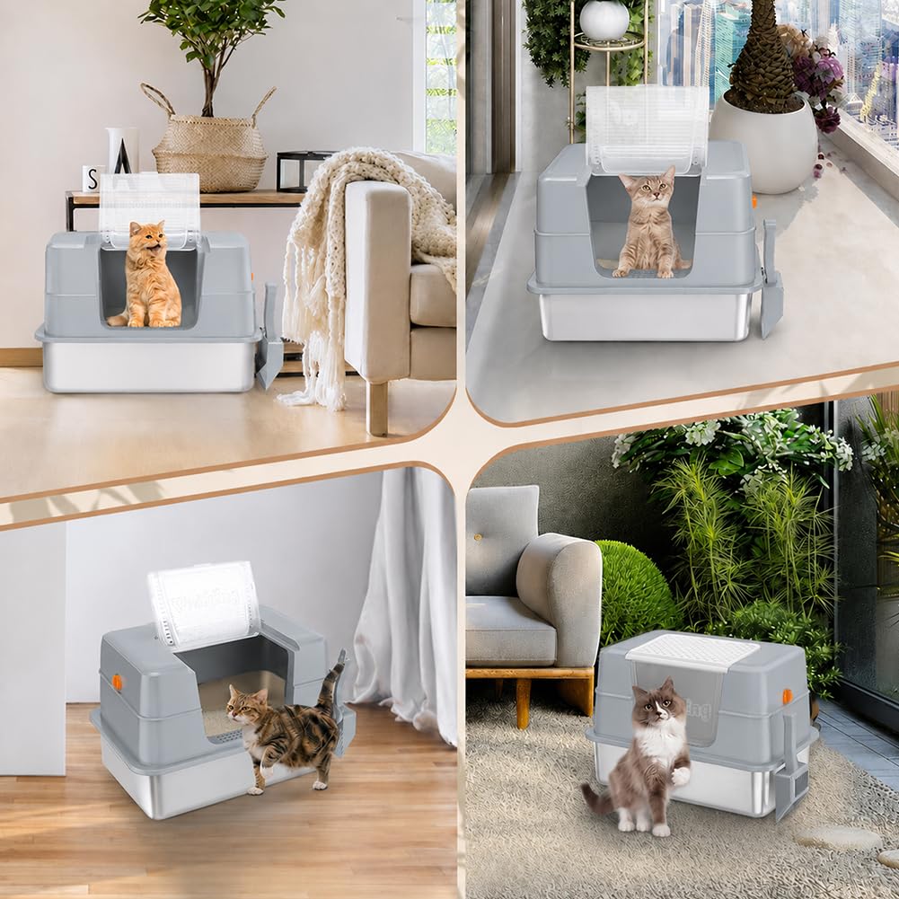 XL Enclosed Stainless Steel Cat Litter Box with Lid (Gray)