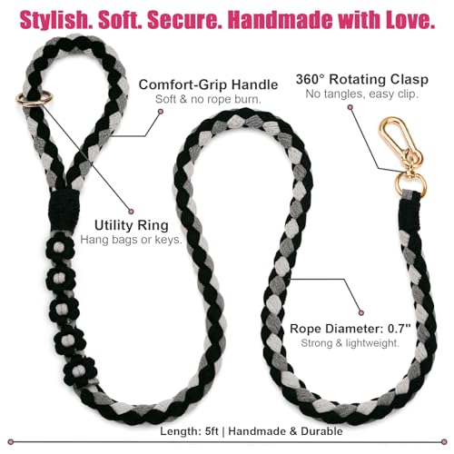 5FT Braided Cotton Rope Leash for Small (Black)