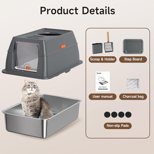 XL Enclosed Stainless Steel Litter Box with Lid (Dark Gray)