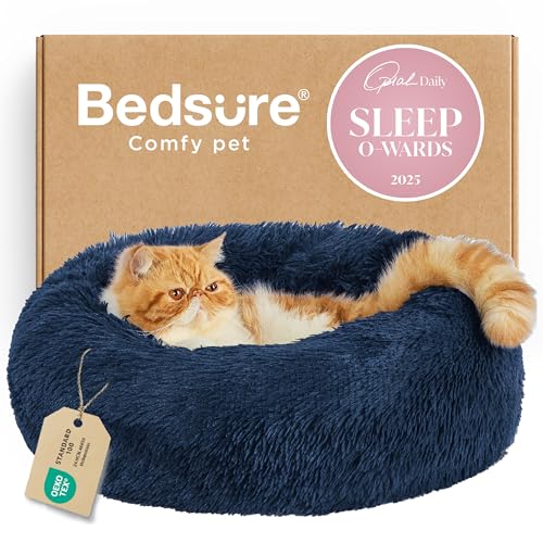 Calming Cat Beds Donut Round Washable Kitten Bed (20"L x 20"W x 6"Th / Navy)