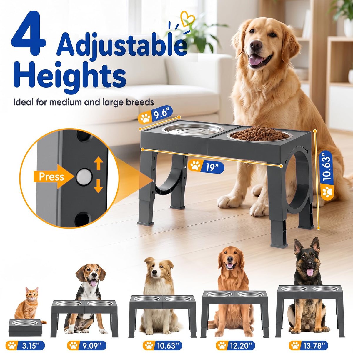 Elevated Dog Bowls Large Breed Raised Dogs Bowl Stand Large (D-Grey)