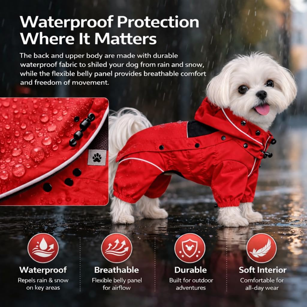 Waterproof Dog Raincoat with Removable Hood (Red / XS (Back 10.5"))