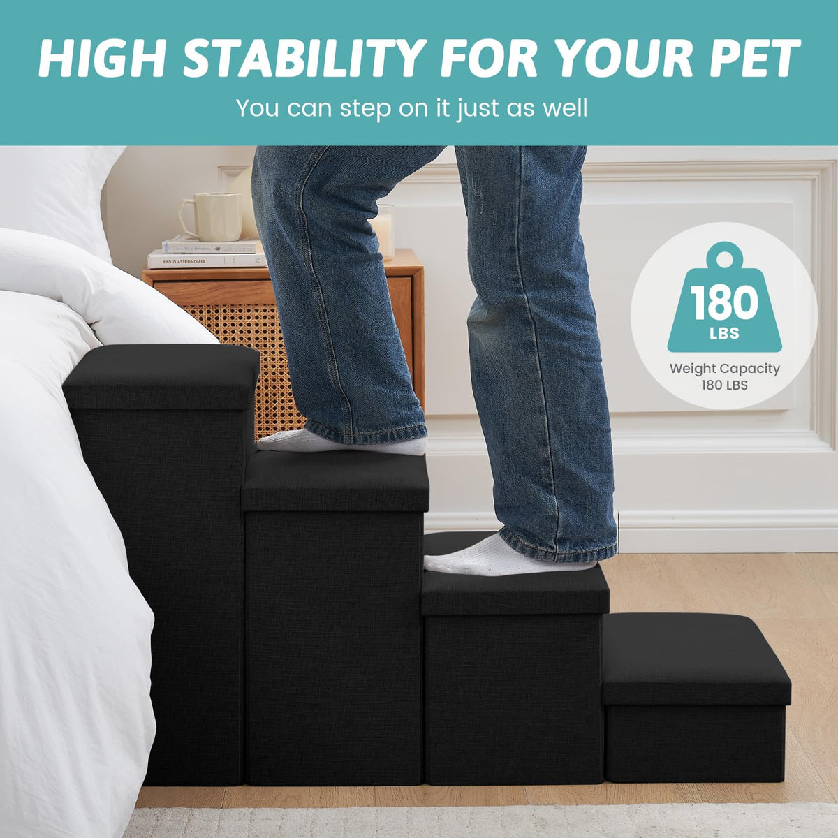 Dog Stairs with Storage (Black / 38.1"L x 17"W x 22"H)
