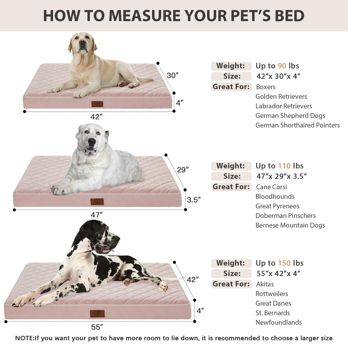 Orthopedic Waterproof Extra Large Senior Dogs Bed for Comfy Sleep (Pink / 42"L x 30"W x 4"Th)