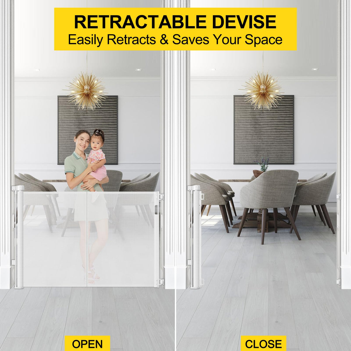 Reinforced 42" Extra Tall Retractable Baby Gates (White / Reinforced 42" Tall X 60" Wide)