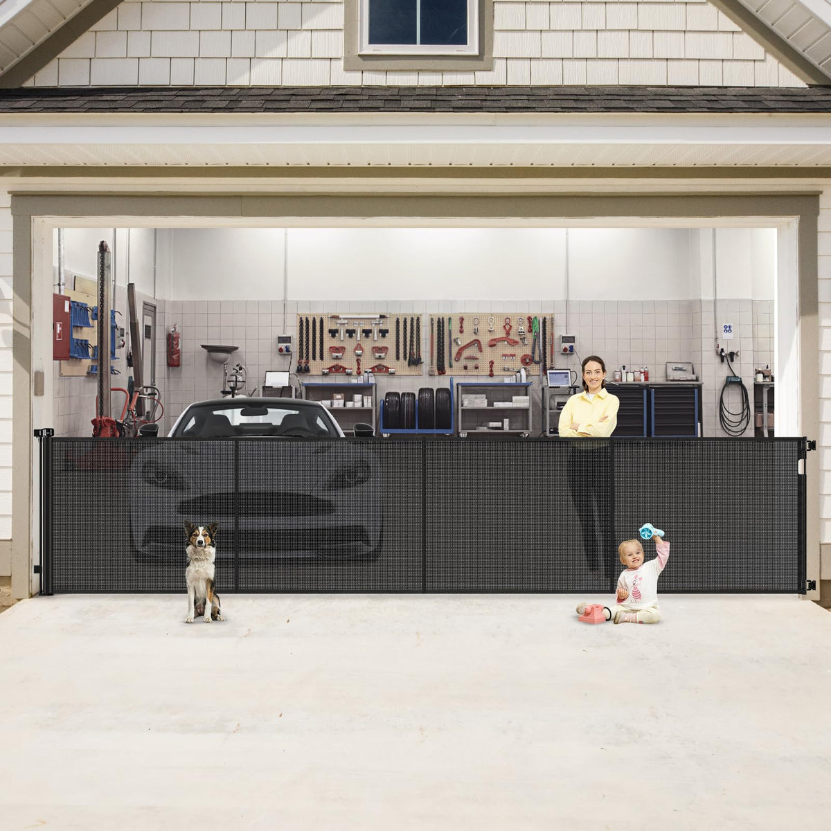 Reinforced 200 Inch Extra Wide Retractable Baby Gates to Prevent Crawling Through (Black / 37" Tall x 200" Wide（ With Reinforced Bar ）)