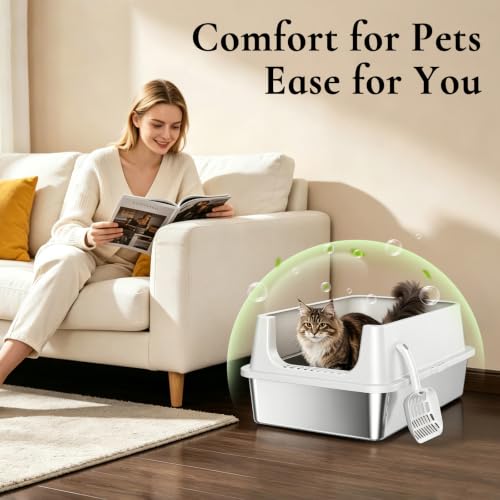 XL Open Top Stainless Steel Litter Box with High Sides (Gray-OpenTop)