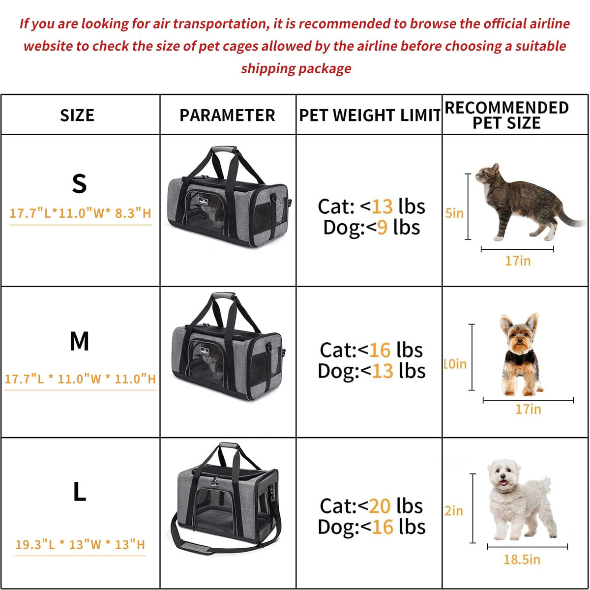 TSA & Airline Approved Soft Pet Carrier for Cats (17.7"L x 11.0"W x 8.3"H / 1.0 Grey)