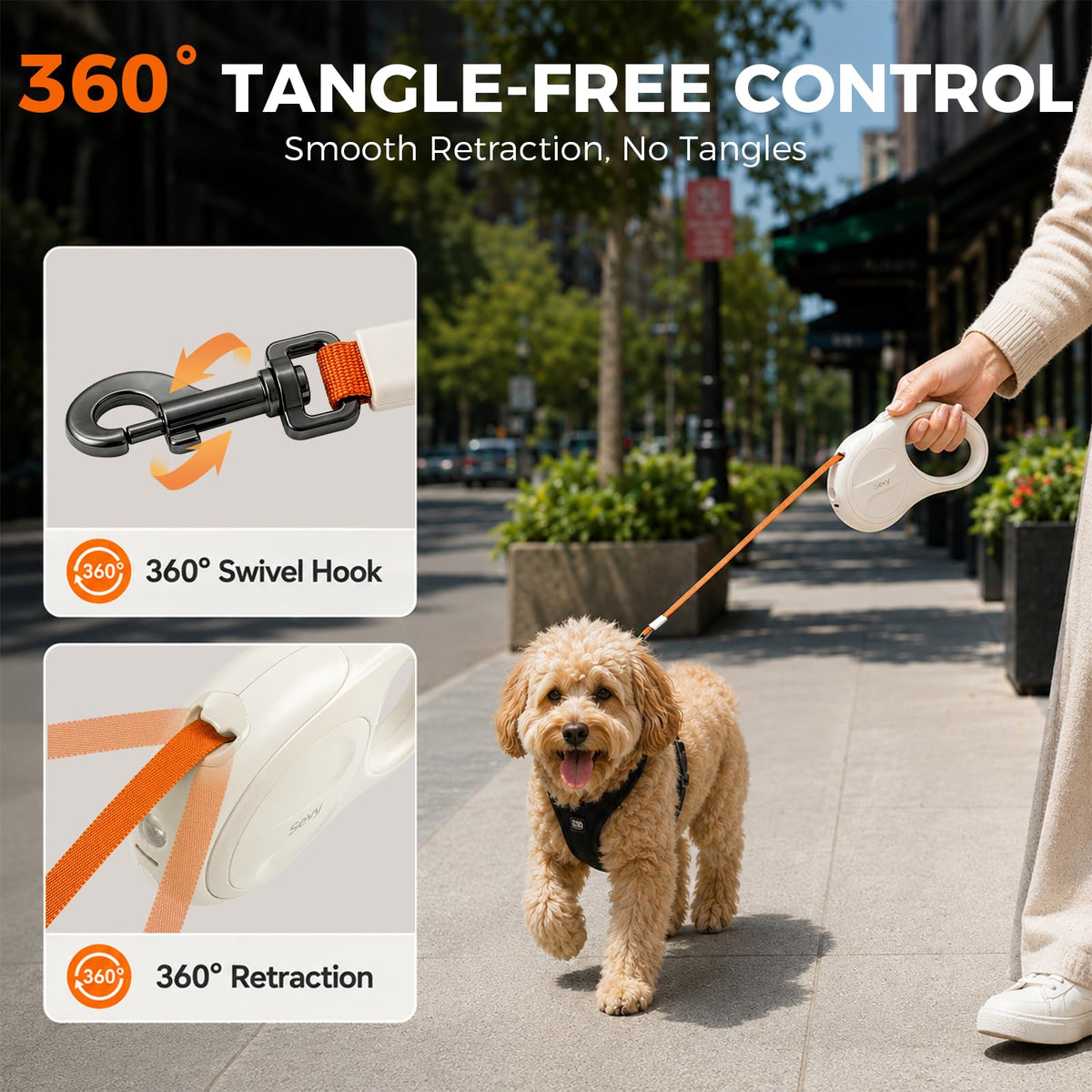 Glowie Retractable Dog Leash with LED Light (LED Light-Ivory-16ft)