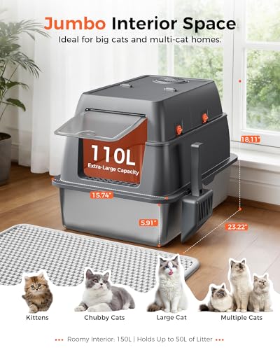 XXL Stainless Steel Cat Litter Box with Lid (Gray - Pinky Paws / 23" L × 16" W × 18" H)