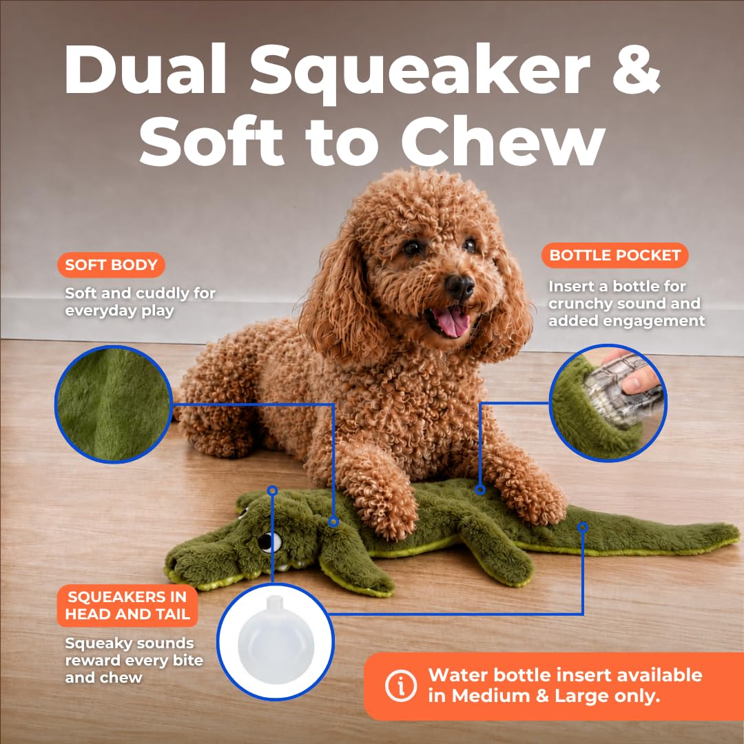 2-in-1 Stuffless Squeaky Dog Toy - Alligator, Medium (Green/Alligator / Medium)