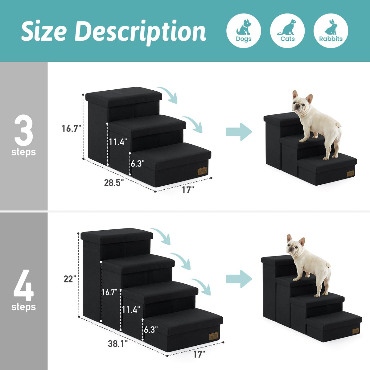 Dog Stairs with Storage (Black / 28.5"L x 17"W x 16.7"H)