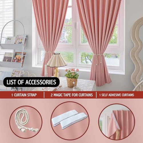 Magic Tape Stick on Curtains Blackout Curtains for Bedroom no Drillng Self Adhesive Curtain no Rod Small Window (Pink / 35"W x 40"L (Pack of 2))
